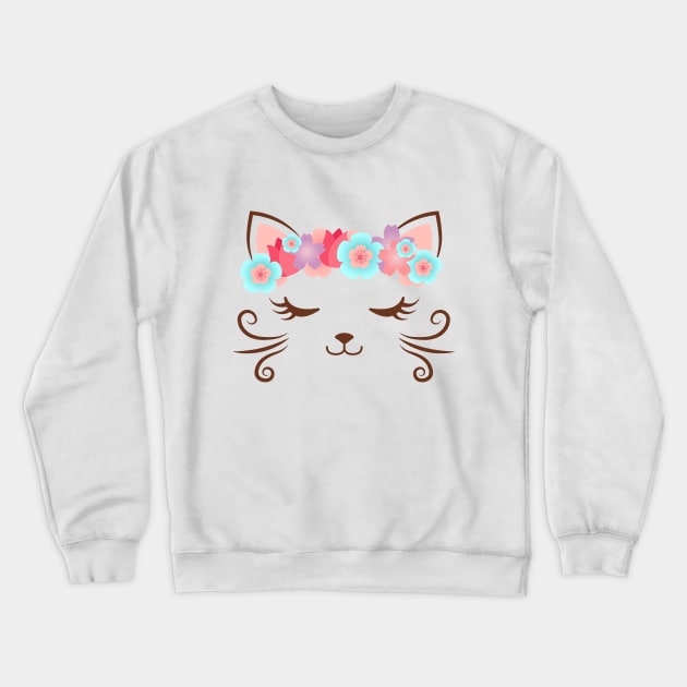 Kawaii cat, kitty kat, flower crown, cute cat, cat party, cat gift, women's cat shirt, pretty kitty, cat lover, cat collection, cat face Crewneck Sweatshirt by theglaze